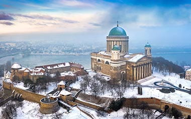 An aerial view over the Basilica of Esztergom during winter, Hungary